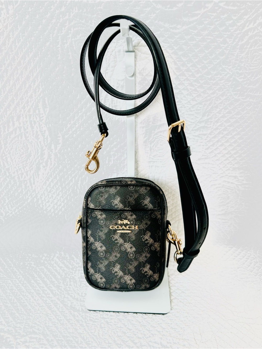 Coach Black Signature Print Crossbody Phone Pouch with Gold Hardware